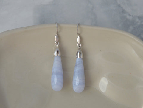 Hand Crafted White Gold Tulip Drop Earrings with Blue Lace Agate Briolette