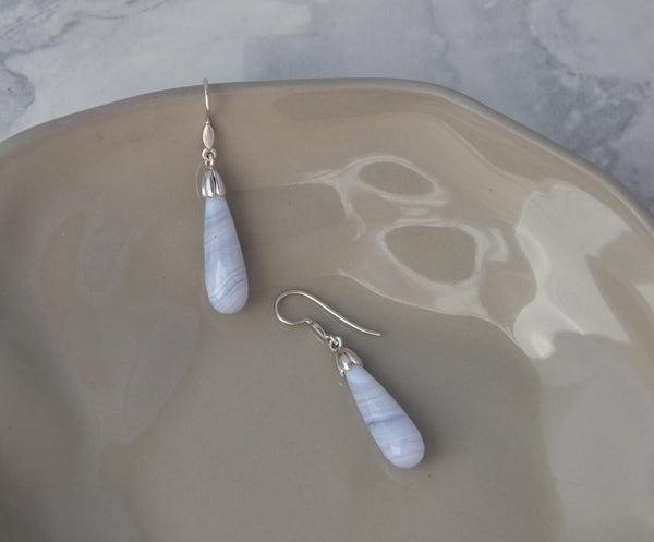 Hand Crafted White Gold Tulip Drop Earrings with Blue Lace Agate Briolette