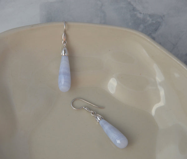 Hand Crafted White Gold Tulip Drop Earrings with Blue Lace Agate Briolette