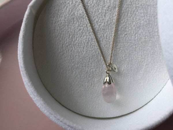 Limited Release Sterling Silver Tulip Drop Pendant with Rose Quartz