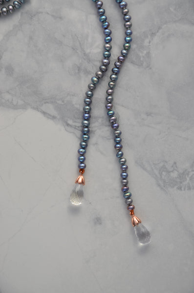 Grey Freshwater Pearl Necklace with 9ct Rose Gold & Briolette Quartz Drops