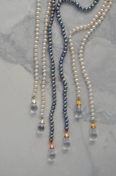 Grey Freshwater Pearl Necklace with 9ct Rose Gold & Briolette Quartz Drops