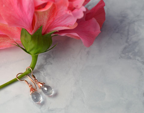 Hand crafted Rose Gold Tulip Drop earrings with Rock Crystal briolette