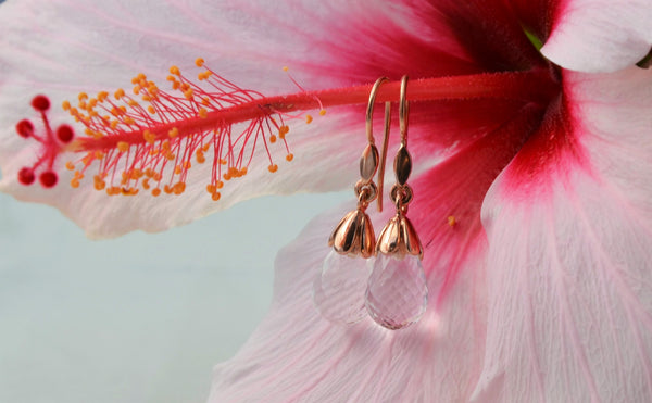 Hand crafted Rose Gold Tulip Drop earrings with Rock Crystal briolette