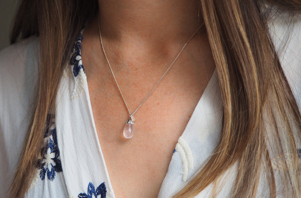 Limited Release Sterling Silver Tulip Drop Pendant with Rose Quartz